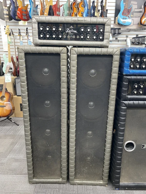 Kustom K200B-5 4-Channel 100 Watt Head with Pair of 4x10″ CTS Speaker Column Cabinets - Silver Sparkle - Image 2