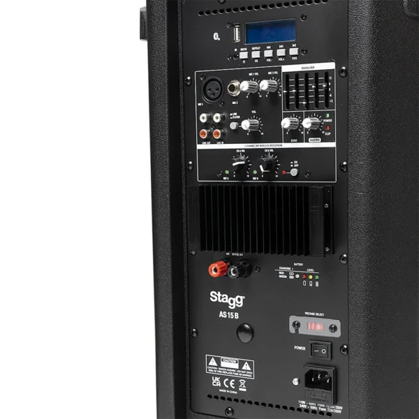Stagg AS15B 15" 2-way active speaker, class AB, Bluetooth TWS Stereo, 2 UHF mics, 200 watts, battery powered - Image 9